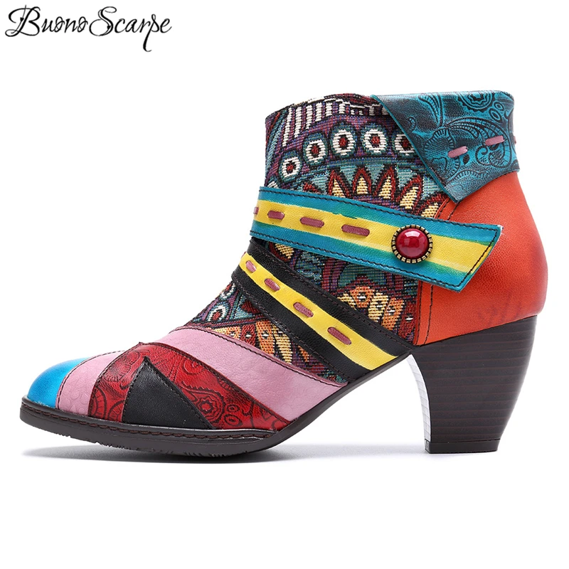 

Buono Scarpe Patchwork Women Zipper Botas Mujer Colorful Carved Retro Shoes Round Toe Women Ankle Boots Strap Fold Vintage Boots