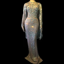 Блестящее длинное платье с серебристыми кристаллами и бахромой; женские пикантные вечерние платья для выпускного, дня рождения, празднования; наряд с кисточками; женская одежда для сцены