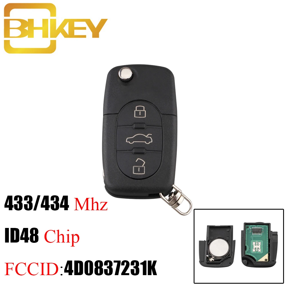 BHKEY 3 кнопки 433 мГц удаленной машине ключ для AUDI 4D0837231K 4D0837231A Flip Fold ID48 чип для A3 A4 A6 A8 старые модели