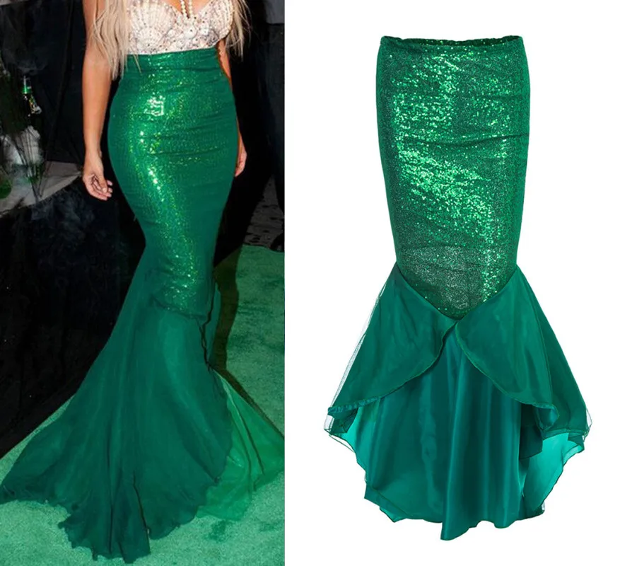 

Sequins The Little Mermaid Princess Ariel Costume skirt Women Bling Princess Ariel green fish tail skirt Fancy Cosplay Dress