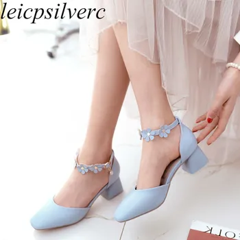 

Women Pumps Beach Shoes High Heel Pu Square Toe Flower Pearl Buckle 2018 Summer New Sweet Fashion Casual Wedding White Pink Blue