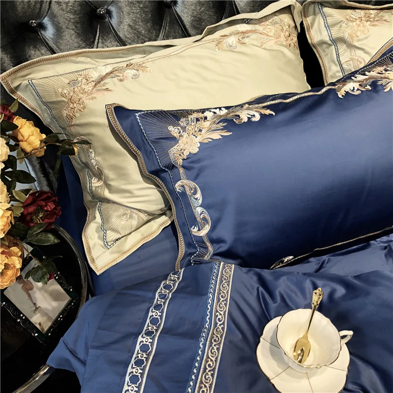 Excellent Champagne Blue White Luxury Royal Embroidery 100S Egyptian Cotton Palace Bedding Set Duvet Cover Bed sheet/Linen Pillowcases 40