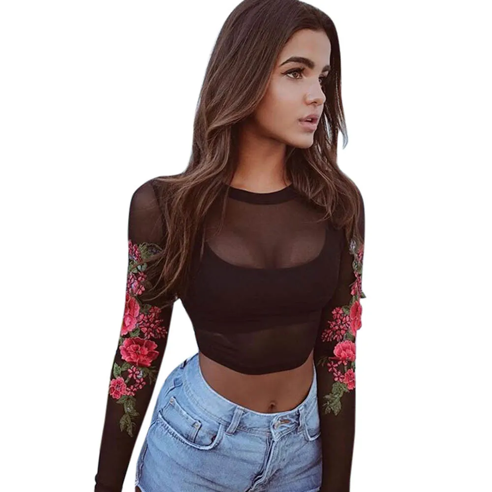 

Women's Blouse Women Plus Size Sexy Lace Appliques Rose Long Sleeves Tops Shirt Blouse blusas mujer de moda 2019