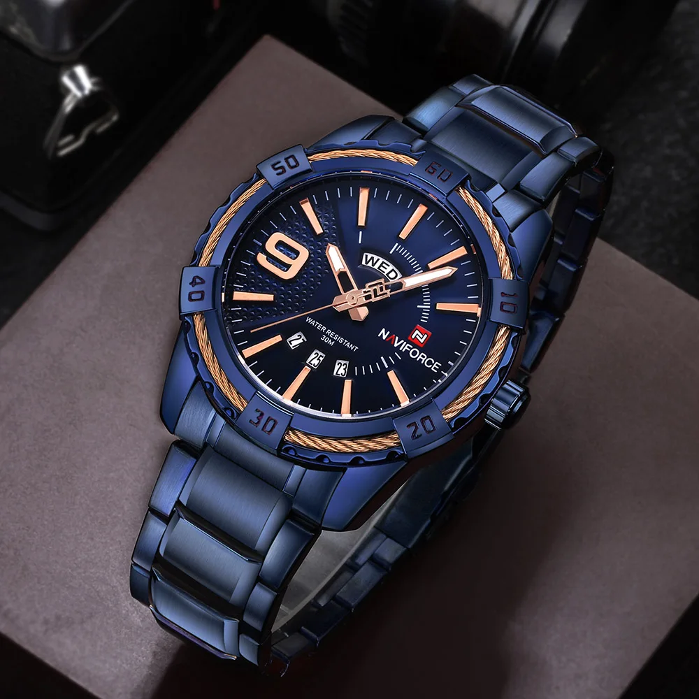 NAVIFORCE Топ бренд класса люкс мужские часы синий водонепроницаемый Дата Неделя кварцевые часы человек полный сталь спортивные наручные часы Мужские часы
