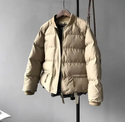 Зимняя куртка-бомбер, Женская парка, короткое теплое плотное пальто, большие размеры, Harajuku, осенняя винтажная белая верхняя одежда с карманами, LM077 - Цвет: Хаки