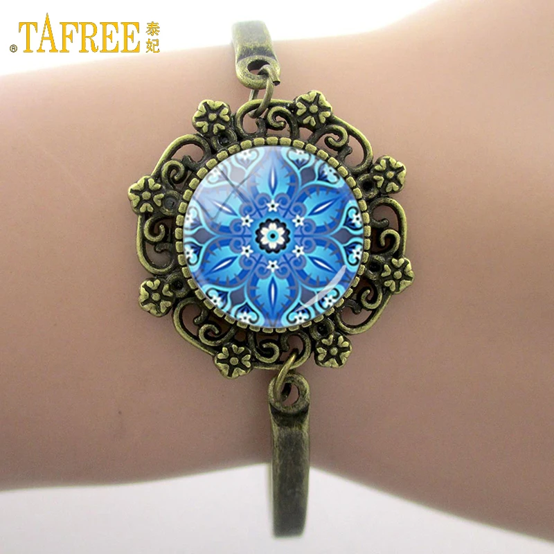 TAFREE Blue Mandala Art Picture Bracelet Hot Fashion Silver Plated Bracelet & Bangle For Men Women Yoga Zen Jewelry Gifts HT011