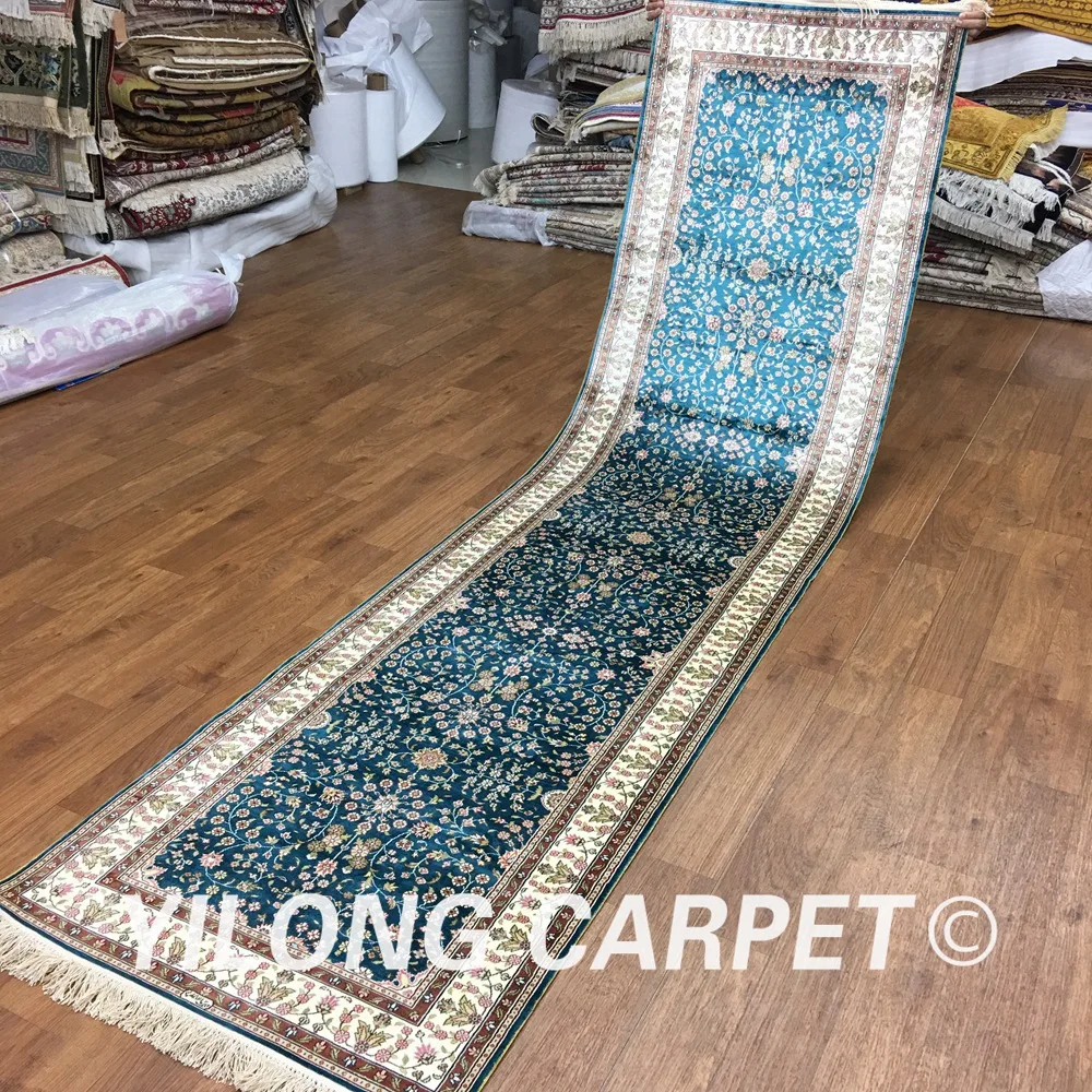 Yilong 2.5'x10' silk oriental rugs runners blue handknotted handmade