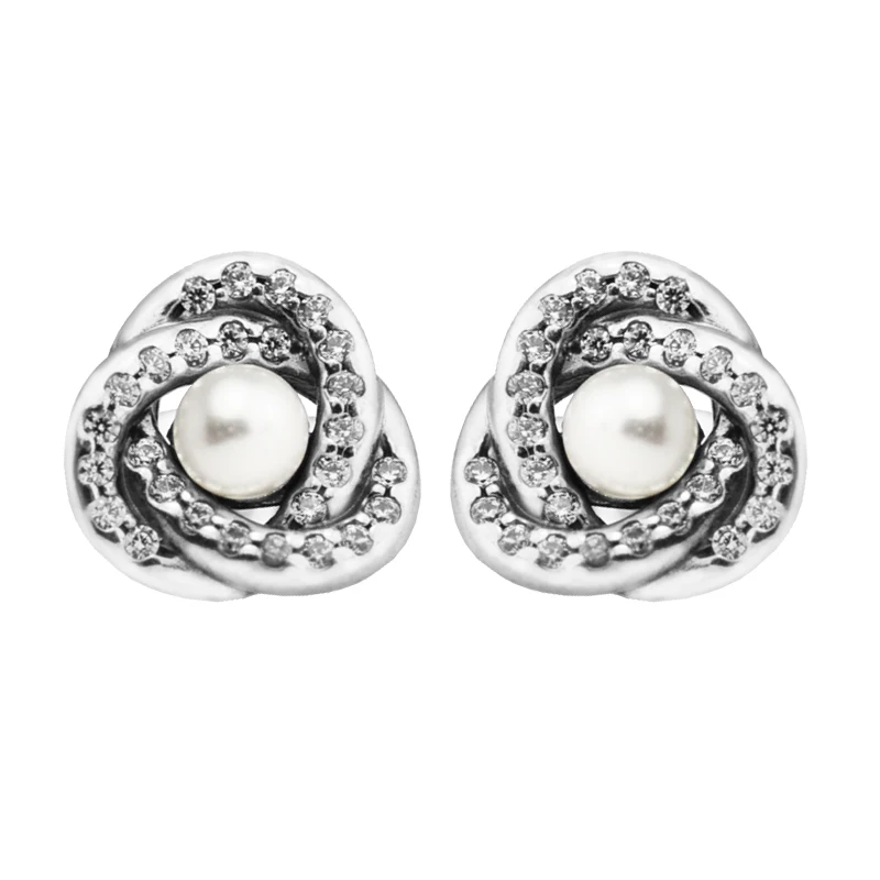 

100% Sterling-Silver-Jewelry Luminous Love Knots Stud Earrings with White Crystal Pearl 100% 925 Silver Jewelry Free Shipping