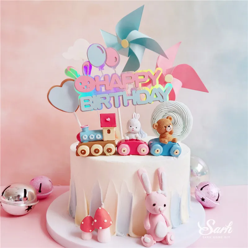 

Ins Bear Rabbit Train Decoration Happy Birthday Windmill Cake Topper for Children Party Rabbit Baby Baking Supplies Sweet Gifts