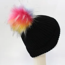 Классические черные женские шапки из ангорской смеси, Плотная шапочка с разноцветным помпоном из искусственного меха радуги