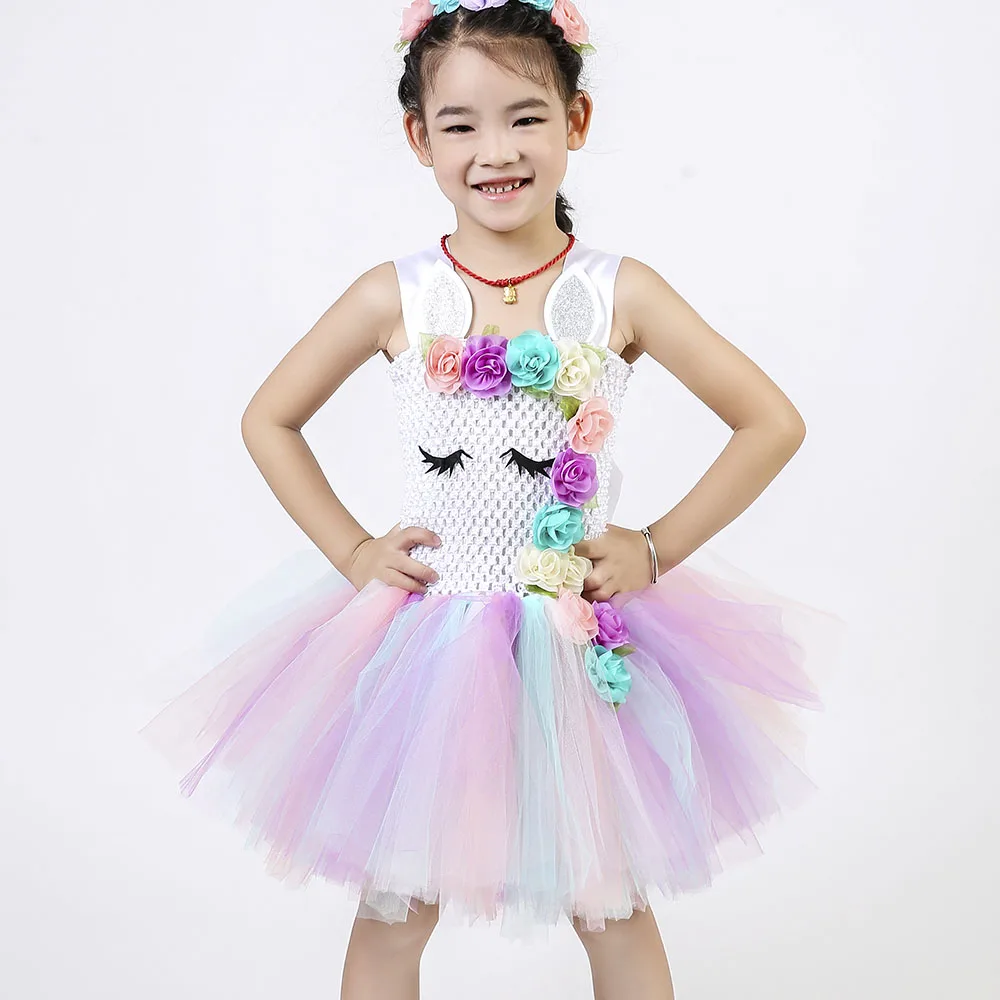 Pastel Clothes Knee Length Flower Children Girls Unicorn Tutu Dress Rainbow Princess Sleeveless Little Kids Pony Dress Vestido 8 (19)