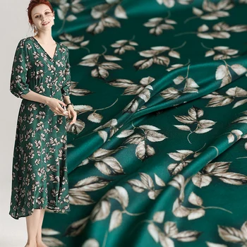 

Pearlsilk 12momme Green Leaves Printed Crepe de Chine 100% Silk Materials Shirt Dress DIY clothes fabrics Freeshipping