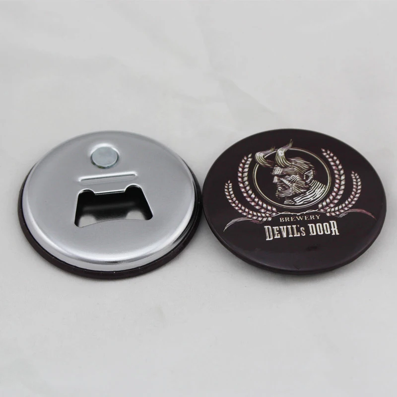 

Business Promotional Gift Custom Logo Tin Plate Fridge Magnet Beer Bottle Opener Magnetic Sticker for Refrigerator 58mm Diameter