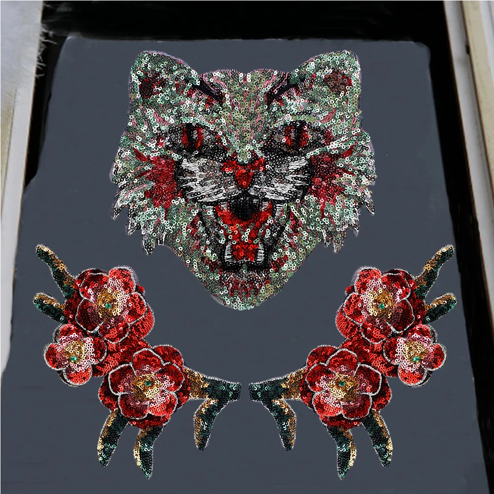 

3pc/set Sequin Leopard Flower Embroidered Patch Applique Paillitte Badge Sew On T-shirt Jacket Garment DIY Craft P108