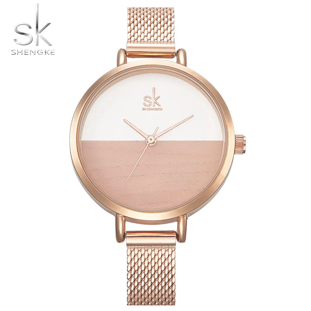 

SK New Women Watches Luxury Brand Watch Rose Gold Women Quartz Clock Creative Wood Pattern Dial Fashion Wristwatch montre femme