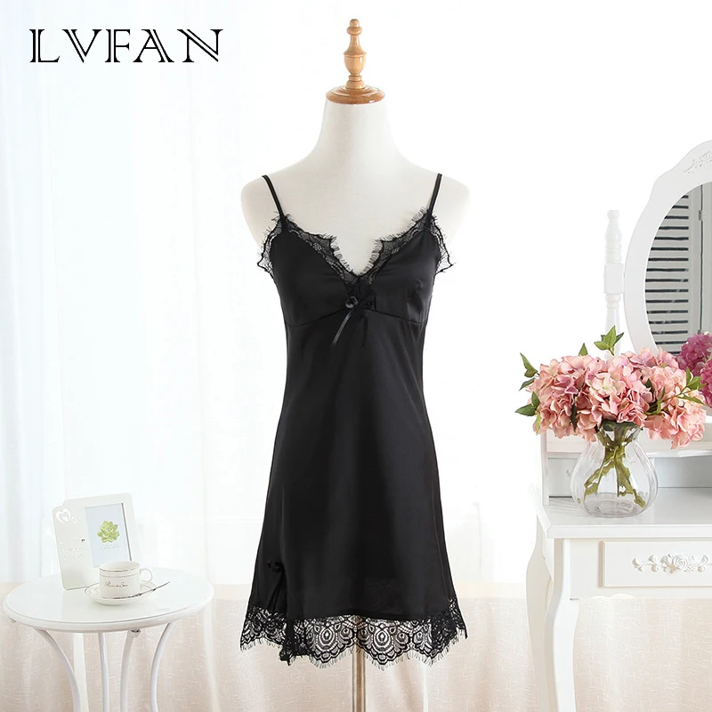 

new lace camisole mitated silk fabric nightdress ladies sexy silk pajamas temperament hollow out temptation LVFAN ARM-011