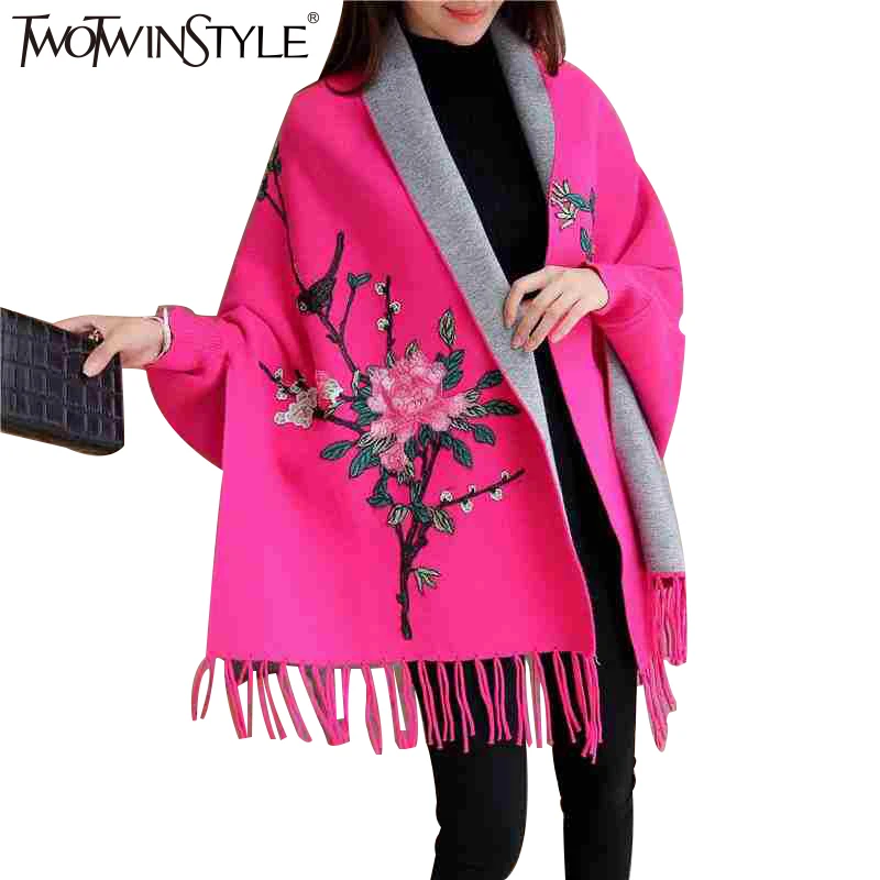 

TWOTWINSTYLE 2019 Spring Women Embroidery Floral Tassel Trench Coats Cloak Long Sleeves Female Knit Cardigan Sweater Windbreaker