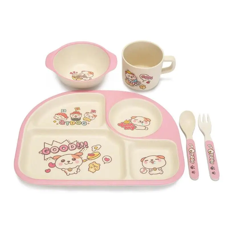 3 типа Милая чашка для кормления малыша тарелка посуда вилка ложка стаканчики посуда набор безопасный бамбуковый детский набор столовых приборов - Цвет: Розовый