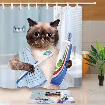 

Cat Brushing Tooth Printed Shower Curtains for Bathroom Art Design Home Decor Waterproof Mildew Proof Bath Curtains With Hooks