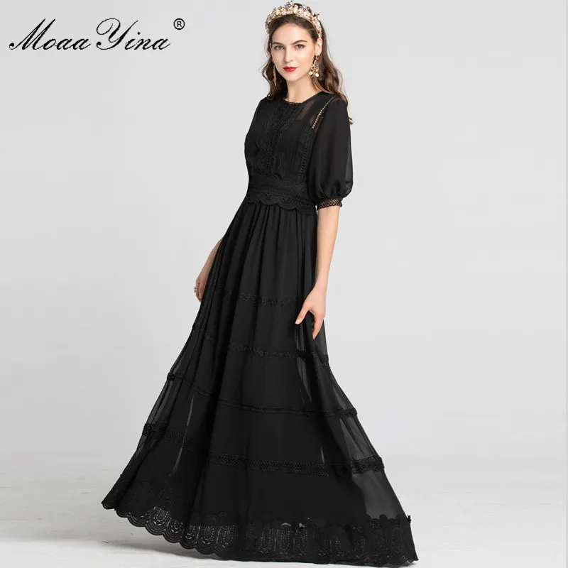 

MoaaYina Fashion Designer Runway dress Spring Summer Women Dress Patchwork Hollow Out Noble Elegant Party Maxi black Dresses