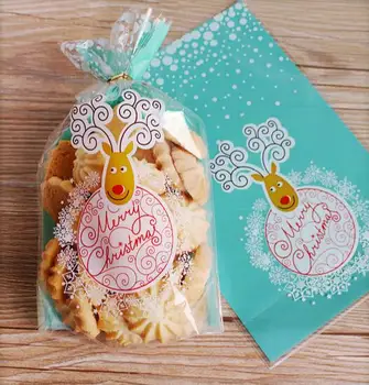 

100pcs Green Christmas elk Cellophane Open the top Cookie Bag Self adhesive Seal bag for Bakery Gift Biscuits Packaging 14*22
