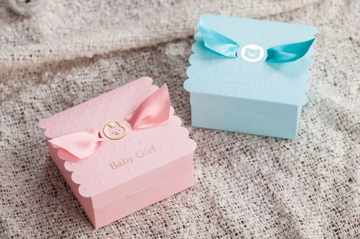 Подарочная коробка для детского душа, вечерние коробки для дня рождения, милая коробка-розовая девочка или Голубой мальчик с бантом, сумка для шоколада, 50 шт./лот