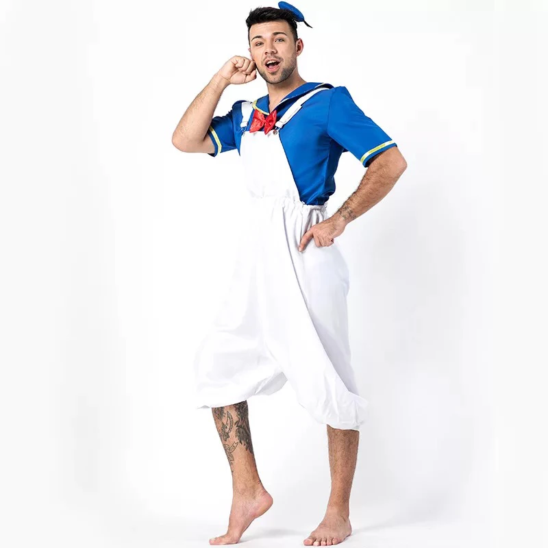 Adult Men Halloween Sailor Jumpsuit Costume Suspender Sling Cropped Pants White Blue Uniform For Male