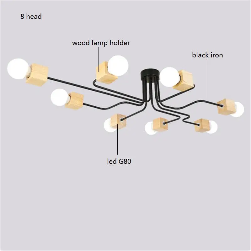 Современная Скандинавская деревянная люстра 4, 6, 8 головок, деревянная лампа для спальни, для дома, гостиной, спальни, украшение, 110 В, 220 В, E27 - Цвет абажура: 8 head