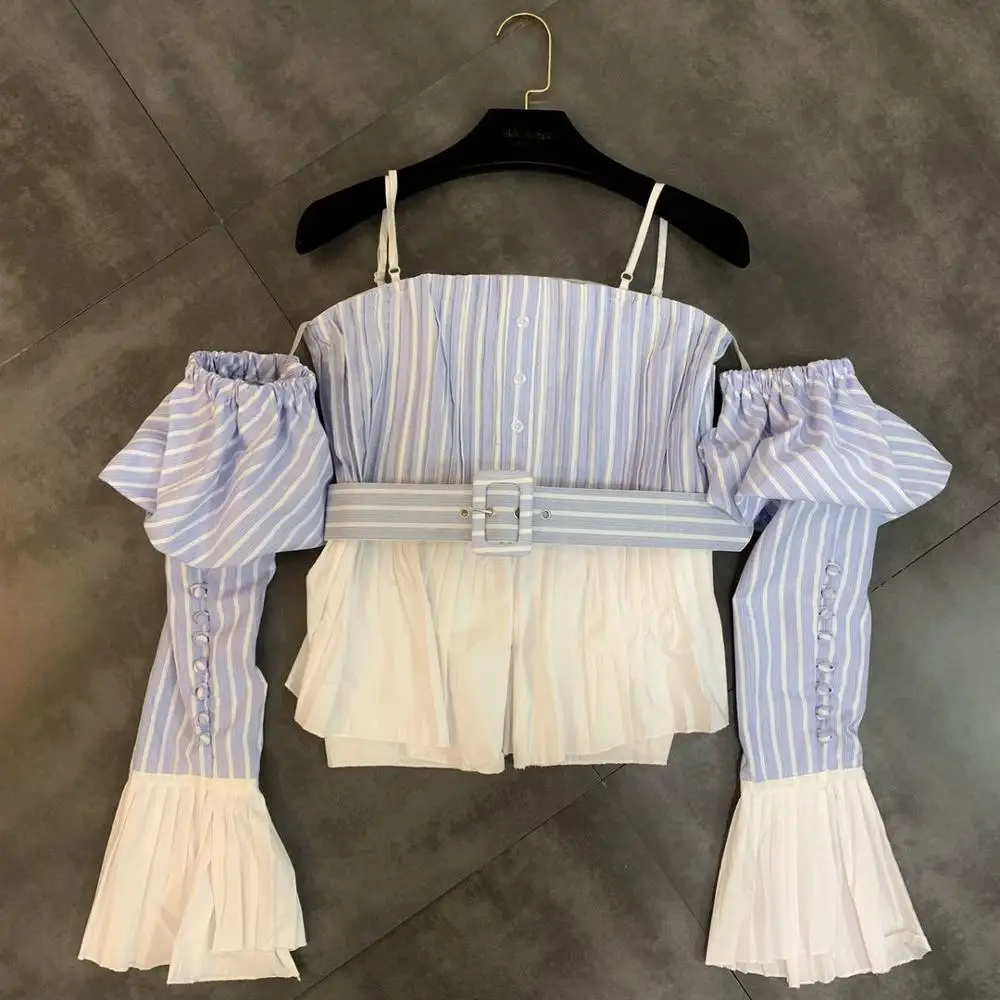 

2019 Spring Summer New Sexy Stripe Shirts Off Shoulder Bell Sleeves Ruffled Stitching Catwalk Shirt