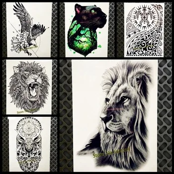 Real Indian Tribal Lion Face Temporary Tattoo Sticker Fake Flash Black Waterproof Tattoo Body Art, Women Men Totem Spray Tatoos