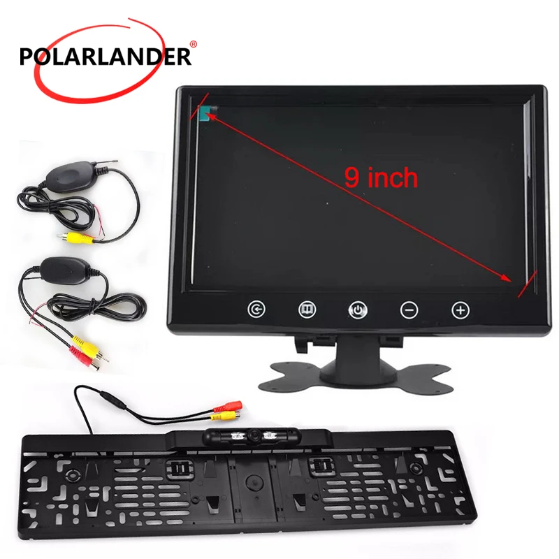 

9"TFT Car Monitor 16 LED Reversing Camera Parking Monitor Wireless Transmitter HD Desktop Silver/Black European License Plate