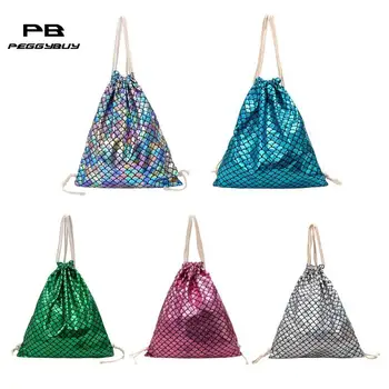 

Fish Scales Drawstring Backpacks Travel Sports Shoulder Bags Women Rucksack