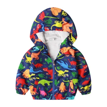 

Spring Summer New Children Clothing Waterproof Colorful Dinosaur Printed Hooded Boys Cartoon Thin Coat Casual Zipper Outwear