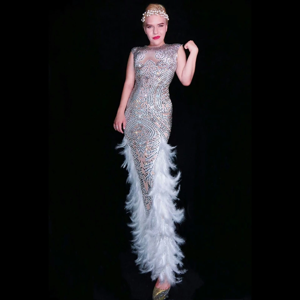 

Sparkly Full Rhinestones Feather Long Dress Elegant Women Evening Birthday Celebrity Prom Party Night Dresses Sexy Stage Costume