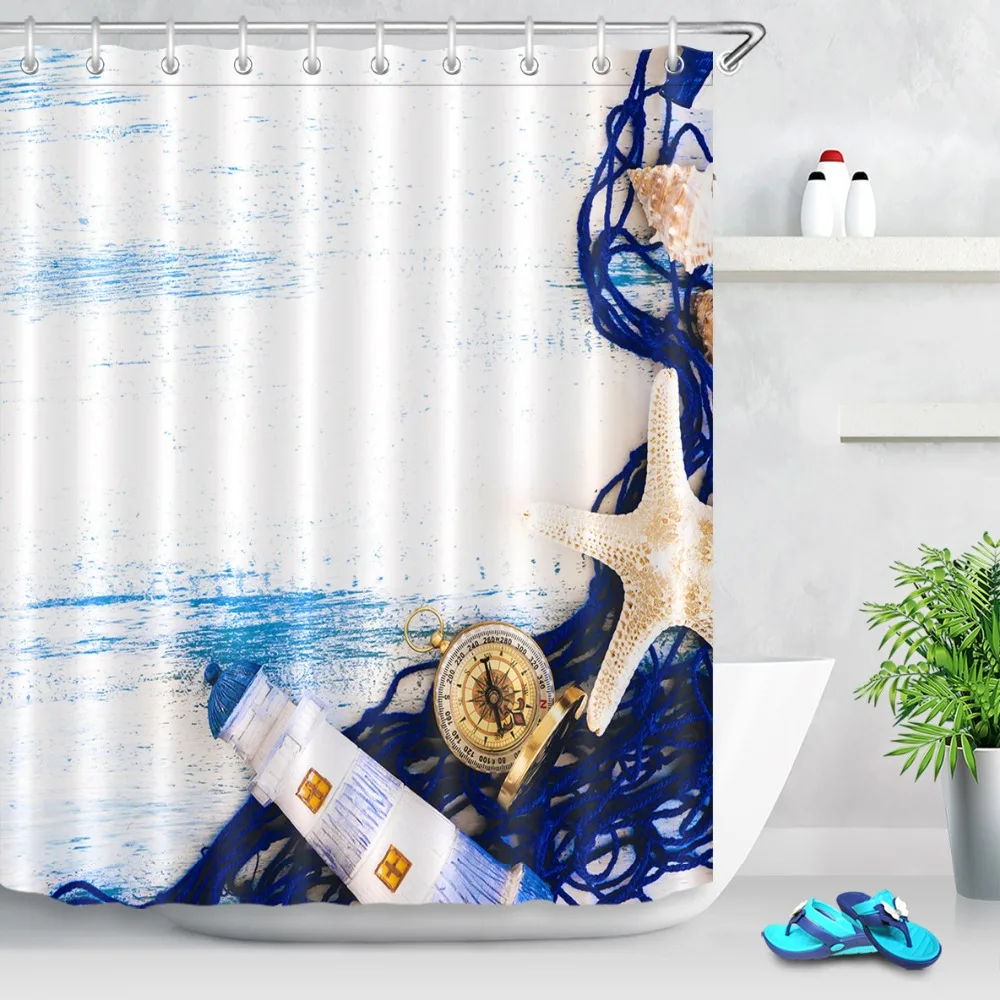 

LB Sea Conch Starfish Lighthouse Shower Curtains Bathroom Curtain Beach Nature Landscape Waterproof Fabric For Art Bathtub Decor