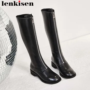 

Lenkisen european superstars high fashion low heels metal zip natural leather suqare toe handsome popular motorcycle boots L1a