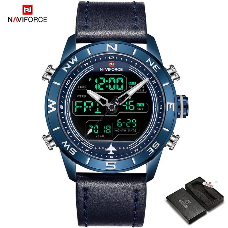 NAVIFORCE Мужская Мода золото спортивные часы военный светодиодный аналоговые цифровые кварцевые наручные часы кожа часы Relogio Masculino - Цвет: Blue-Box