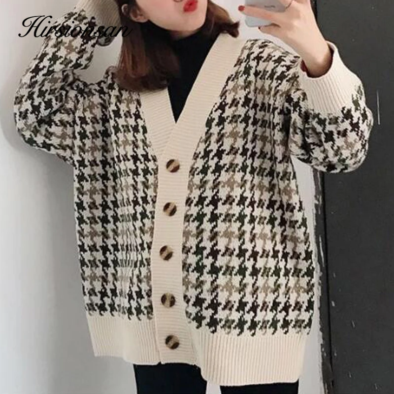 

Hirsionsan Sweater Women Autumn Knitted Cardigan Women Korean Geometric Plaid Patchwork Clothing Oversize Warm Jumper Femme Tops