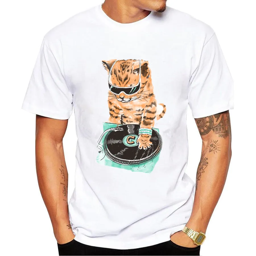2017 новая футболка мужская летняя модная с принтом кота DJ Повседневная коротким