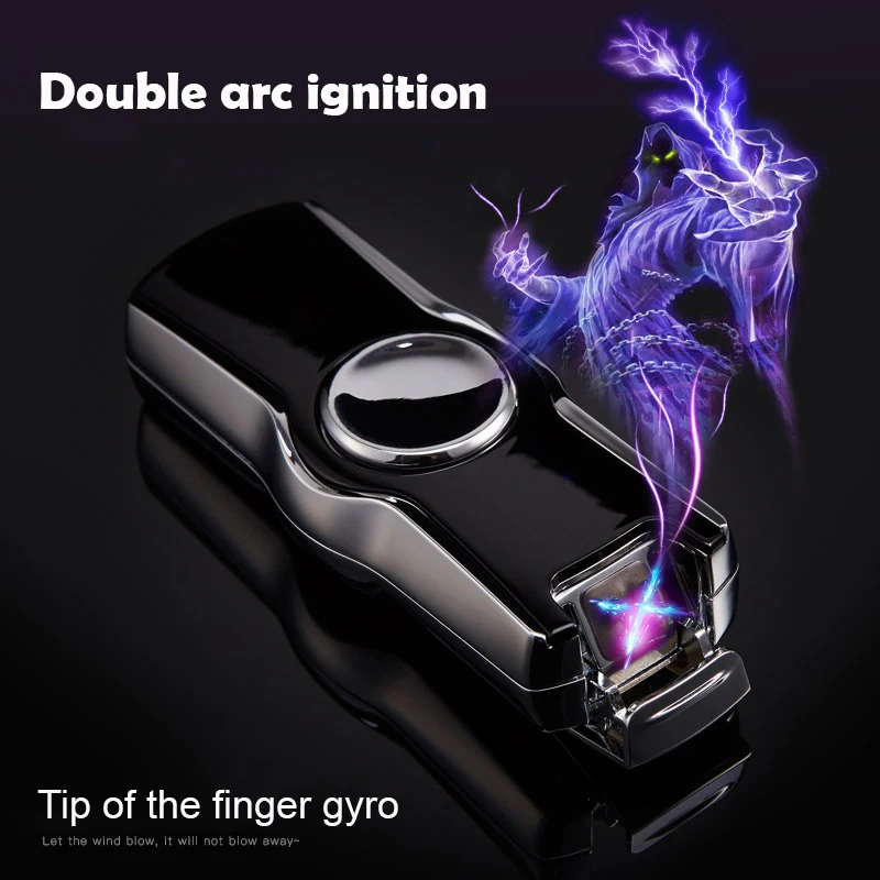 

Spectacular fingertip gyro USB charge wind proof double arc electronic cigarette lighter smoking accessories arc lighter