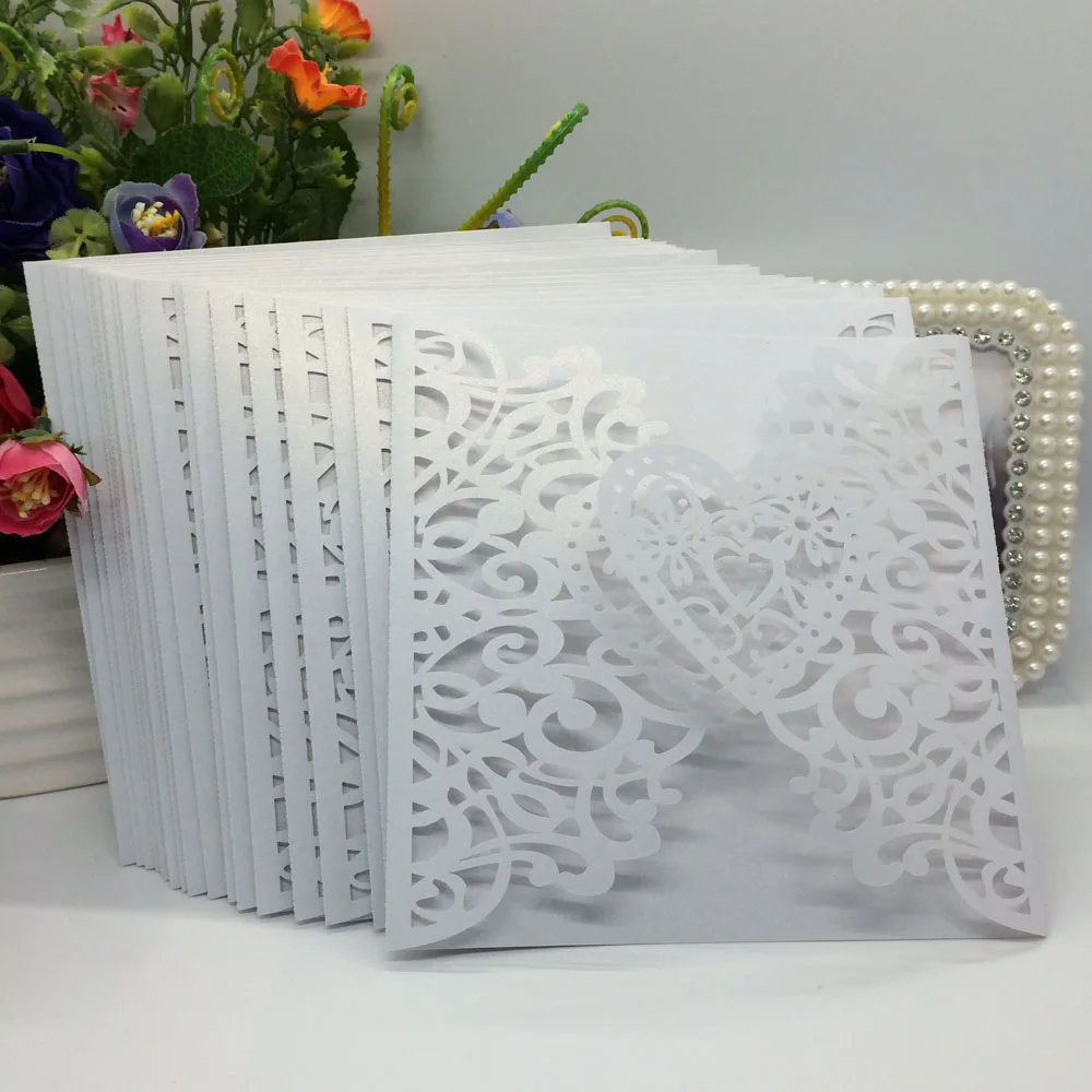  20pcs Delicate Iridescent Pearl Paper Wedding Invitation Card Hollow Out Heart Pattern Carved Craft - 32761058953