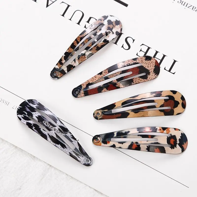 5Pcs/Set Women Ladies Boho Vintage Colored Leopard Printed Hair Clips Metal Alloy Water Drop Shape BB Hairpins Baking Paint Snap