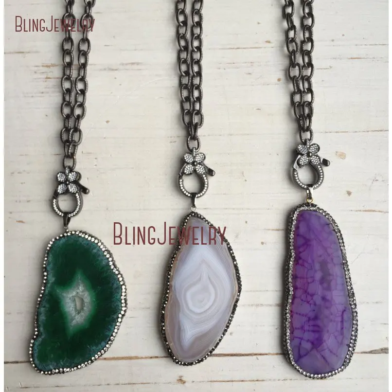 

Pave Crystal Druzy Agates Stone Pendants with Pave Crystal Gunmetal Flower Clasps on Gunmetal Chain NM18387
