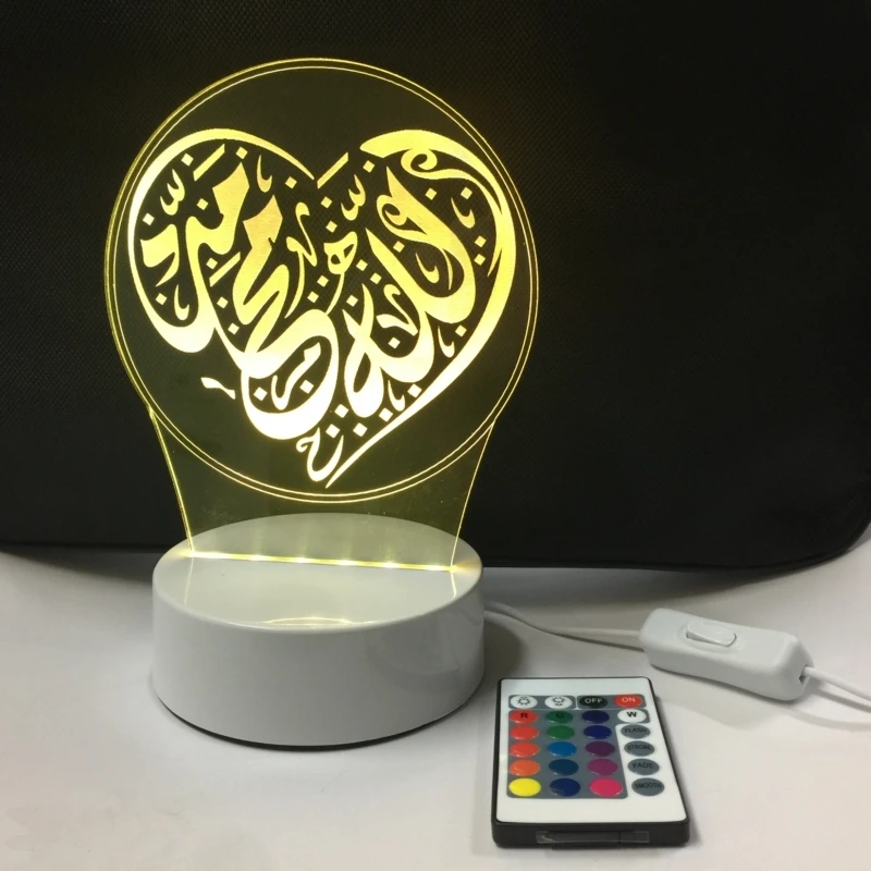 3D Новый в форме сердца исламский свет лампы, свет, акриловый красочный Мохаммед USB светодиодный настольный лампа, ночник, свет, Бог верующий