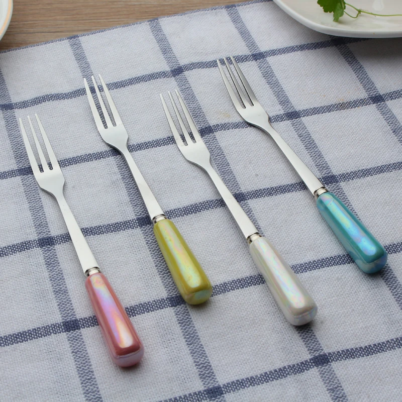 

Fruit Fork Ceramic Handle Stainless Steel Fork Colourful Cutlery Dinnerware Pearl Glaze Salad Fork Western Tableware 4pcs/set