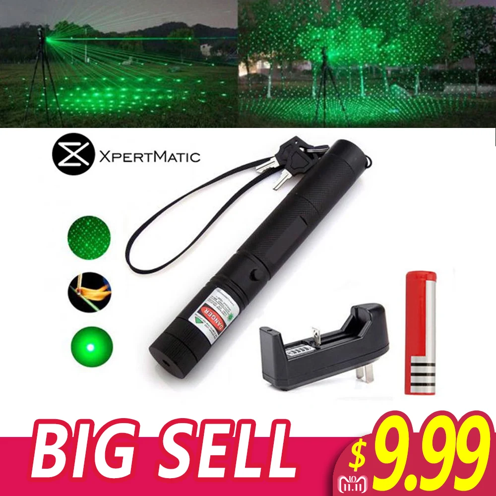 XpertMatic العسكرية 532nm 5 mw 303 الأخضر الأخضر قلم ليزر مؤشر الليزر حرق شعاع حرق مباراة مع 18650 بطارية وشاحن
