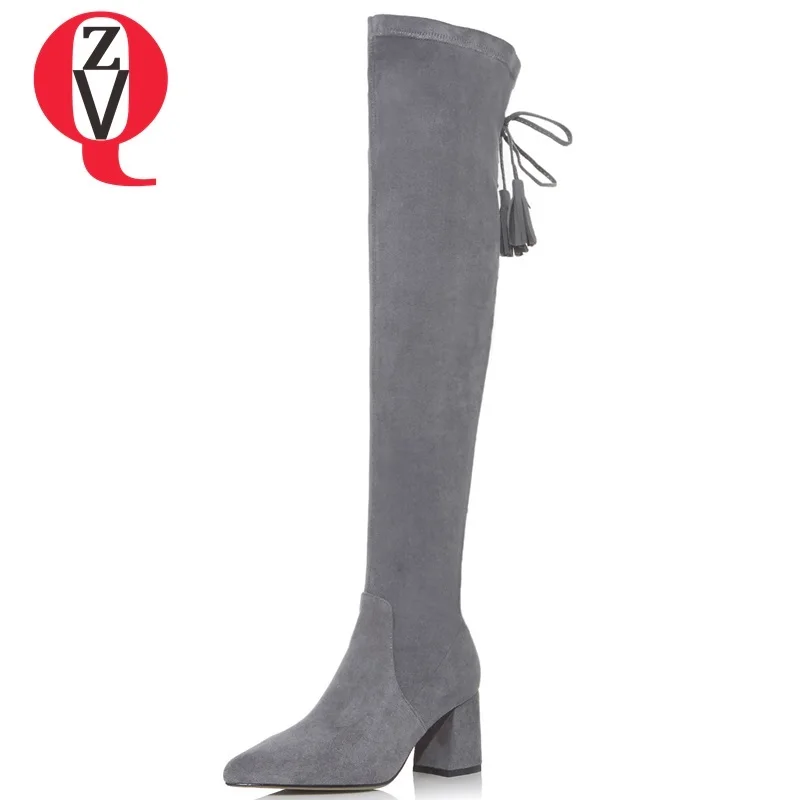 

ZVQ 2019 winter new fashion sexy popular pointed toe faux suede high square heels fringe black and grey slip-on over knee boots