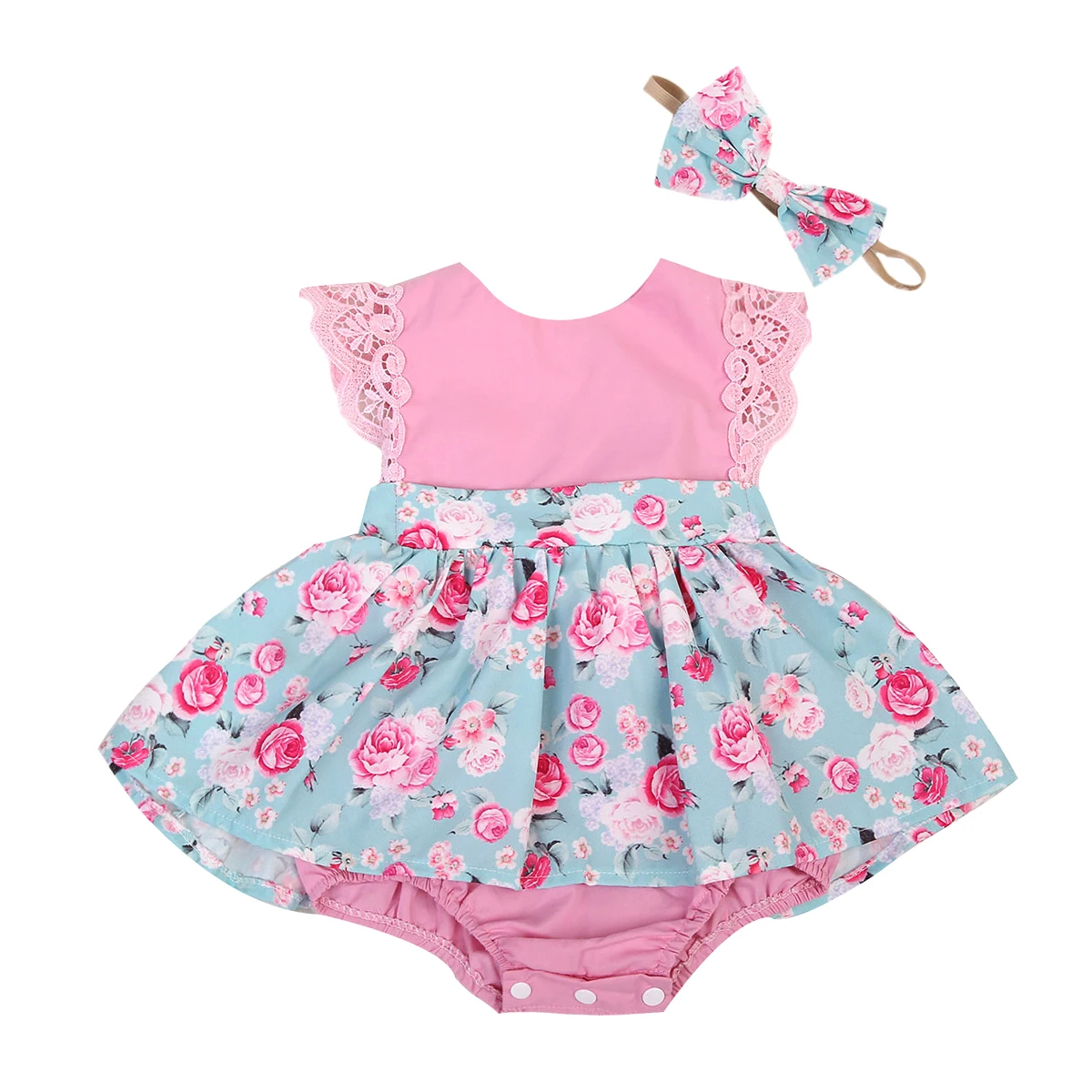 

New Cute Infantil Baby Girls Rompers Summer Outfit Clothes Kids Floral Princess Dress Floral Lace Romper Flying Sleeve Headband