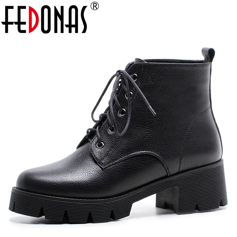 

FEDONAS 1Fashion Women Ankle Boots Autumn Winter Warm Genuine Leather High Heels Shoes Woman Round Toe Cross-tied Martin Boots