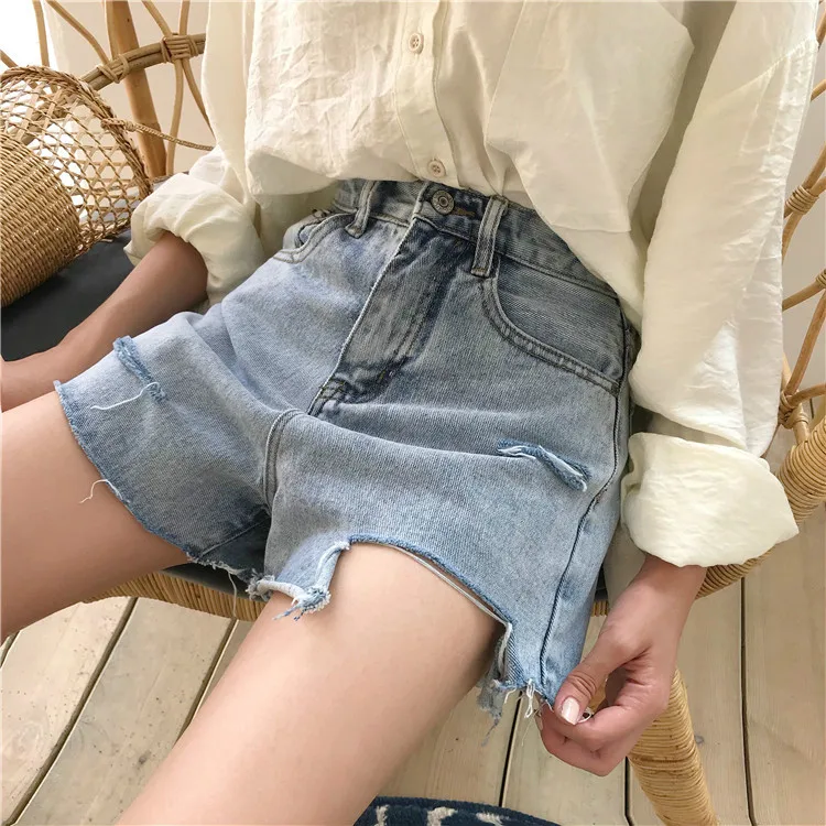 Для женщин Горячая проблемных Короткие джинсы летние Высокая Талия Тонкий просторная легкая синий Джинсовые шорты женские широкую ногу